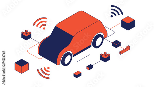 Red autonomous smart car vector illustration with data blocks and signals