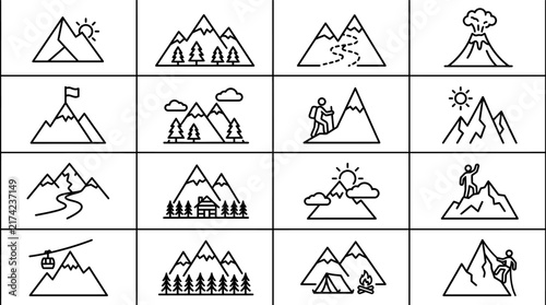 Set of Minimalist Mountain Hiking and Outdoor Adventure Line Art Icons on White Background