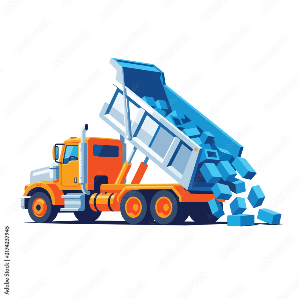 Fototapeta premium Dump Truck Pouring Concrete Blocks Illustration
