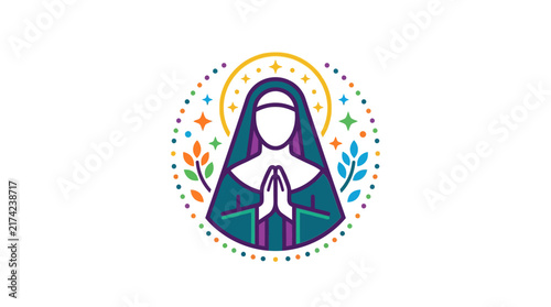 Minimalist Illustration of a Praying Nun with Floral Accents and Halo.
