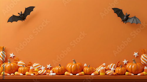 Festive halloween background featuring pumpkins and bats on a bright orange wall
