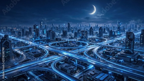 Futuristic cityscape with glowing highway arteries under a crescent moon