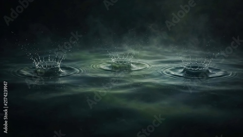 Three delicate water crowns formed by falling droplets, shimmering on a dark, misty surface