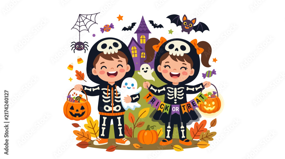 Naklejka premium Kids in Skeleton Costumes Trick-or-Treating on Halloween