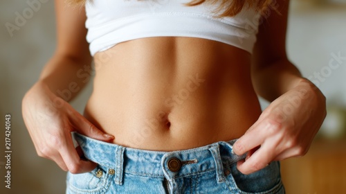 A fashionable woman displays her toned midriff in a casual setting, emphasizing health and confidence, perfect for fitness and lifestyle branding.