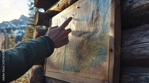 Hand points to a map mounted on a.