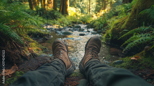 Hiker’s boots standing near a flowing.