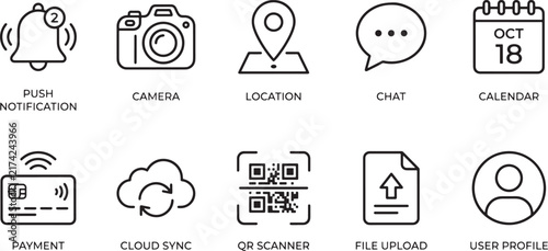 Mobile Application Utility Line Art Icon Collection with Push Notification, Camera, Location, Chat, Calendar, Payment, Cloud Sync, QR Scanner and File Upload