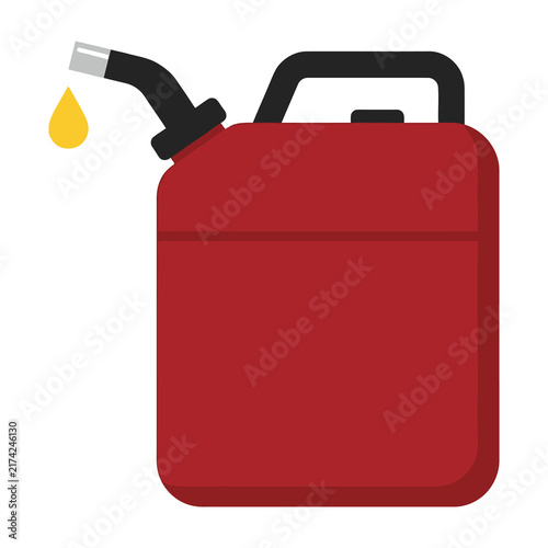 Red gas can with black handle and nozzle leaking oil drop