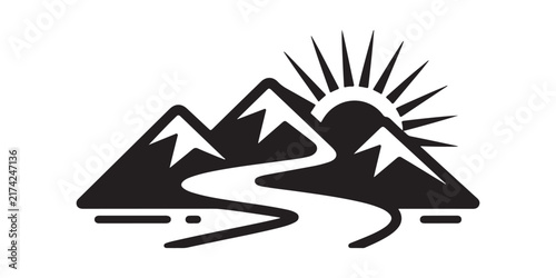 Minimalist mountain trail winding through peaks with rising sun black line art silhouette.