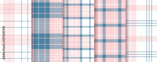 Plaid background. Tartan seamless pattern. Flannel pink blue texture. Lumberjack print. Checkered cloth. Set gingham fabric. Shirt textile. Vichy abstract tablecloth. Vector illustration.