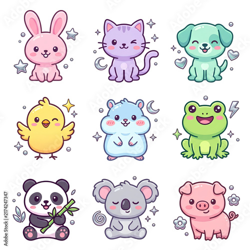 Kawaii animal character set with pastel colors and chrome Y2K aesthetic elements