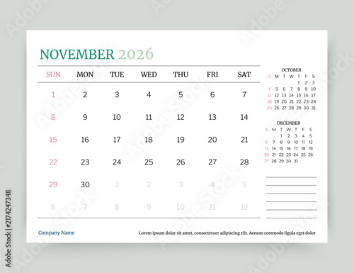 Calendar for November 2026 year. Planner calender template. Monthly organizer. Week starts Sunday. Desk timetable. Corporate diary layout. Table schedule grid. Vector simple illustration Paper size A5