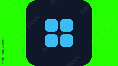 Minimalist motion animation of a blue app grid menu icon on a dark button with green screen background