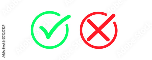 Quadro su tela Green check mark and red cross icons inside circles for validation