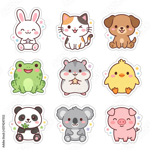 Nine chibi-style animal stickers with white borders, ideal for digital planners and decorative crafts.