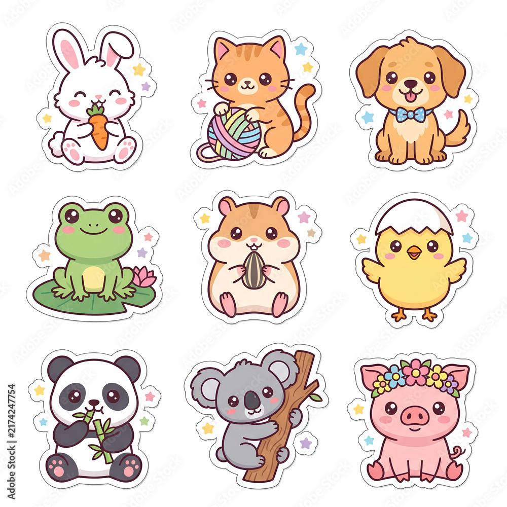 Fototapeta premium A set of nine kawaii animal stickers featuring characters like a rabbit, panda, and pig with white borders for scrapbooking and digital planners.