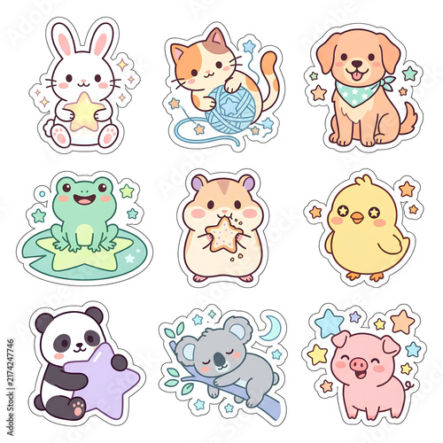 A set of cute pastel baby animal stickers in a kawaii vector style, isolated with white borders for digital crafting and stationery.