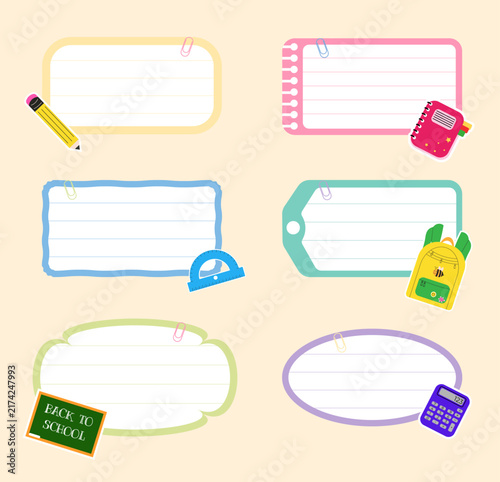 A set of school-themed frames of various shapes, decorated with stickers of a pencil, paperclips, a ruler, a protractor, a backpack, a notebook, a blackboard, and a calculator.  Design for notes
