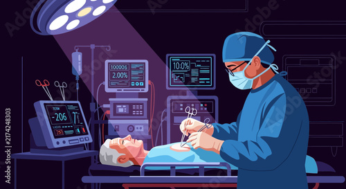 Medical Procedure Illustration: Surgeon Performing Operation in a Sterile Operating Room