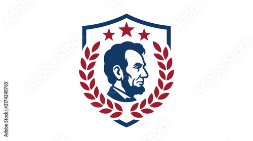 Abraham Lincoln profile portrait inside a patriotic shield emblem with stars and laurel wreath.