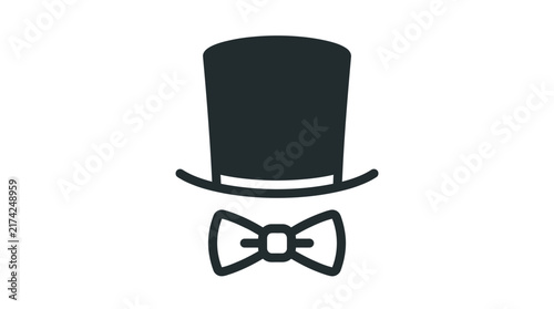 Minimalist black icon featuring a classic top hat and a stylish bowtie.