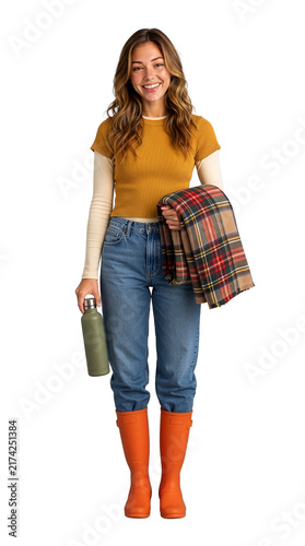 Smiling woman holding plaid blanket and reusable bottle in casual outfit with transparent background