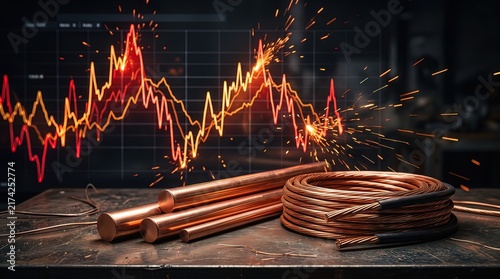 Raw copper pipes and coiled electrical wires on a dark workbench with a glowing stock market chart d