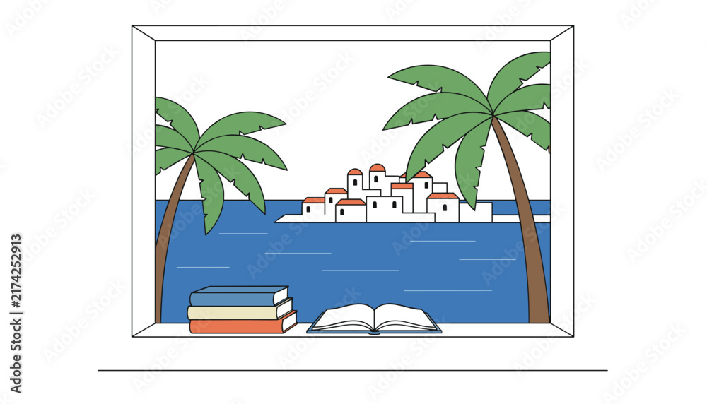 Fototapeta premium Picturesque view through a white window frame showing a Mediterranean island town, palm trees, and books.