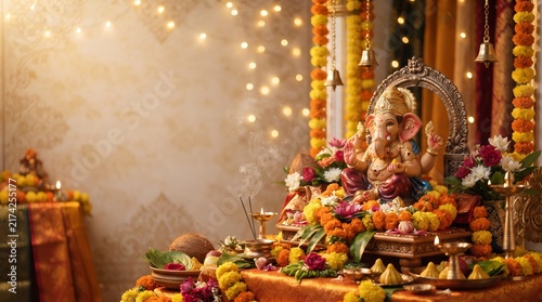Ganesh Chaturthi Festive Background with Ganesha Idol and Warm Bokeh Lights – Puja Celebration Scene