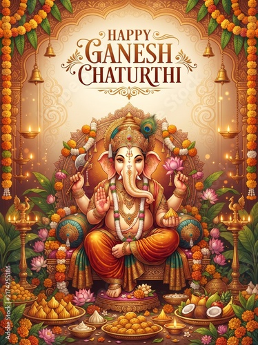 Ganesh Chaturthi Festive Altar with Ganesha Idol, Flowers and Diyas – Hindu Puja Decoration Background