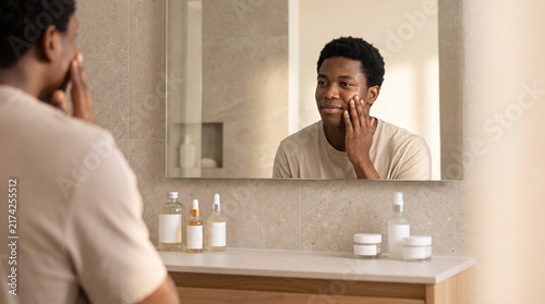 African American Man Examining Complexion in Bathroom Mirror Reflection
