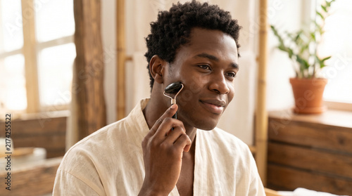 African American Man Using Facial Roller for Spa Wellness Massage