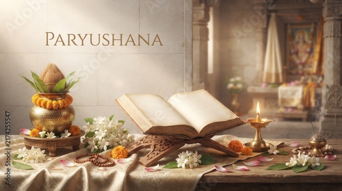 Paryushana Festival Spiritual Prayer Setting with Holy Book – Jain Religious Observance Illustration