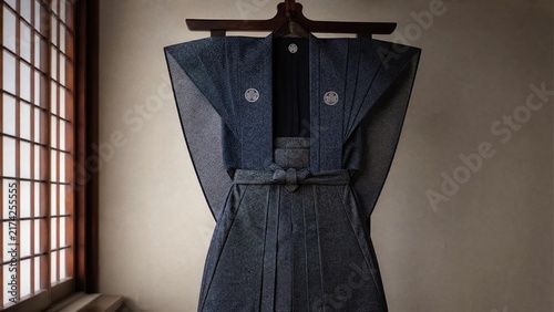 A formal Japanese kamishimo garment hanging on a hanger. 