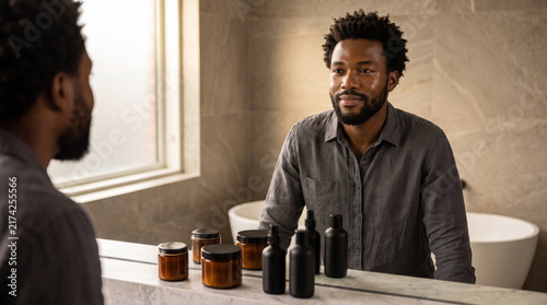Confident African American Man Standing in Modern Luxury Bathroom