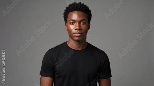 Handsome African American Man Wearing Fitted Black Shirt in Studio