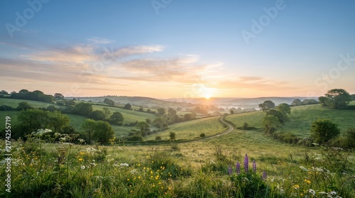  Sunrise Over Green Hills Landscape – Peaceful Countryside Morning Background for Nature and Travel Design