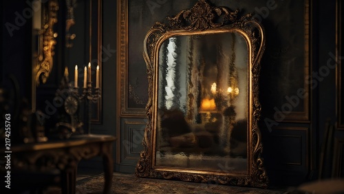 Ornate antique mirror with rippling surface reflecting a distorted room. 