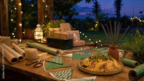 Pakistan Independence Day outdoor celebration with biryani plate, green and white bunting and sparklers in clay pot, 