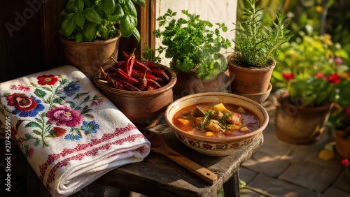 Hungarian embroidered tablecloth with goulash and paprika peppers, rustic garden arrival concept. 