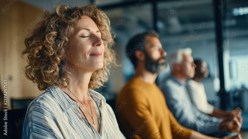 Fototapeta premium Multigenerational employees practicing guided meditation together in a modern office during a workplace wellness session. Mindfulness, stress management, mental wellbeing and healthy work culture.