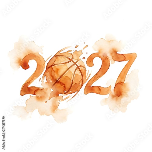 Watercolor basketball 2027 design isolated on white background
