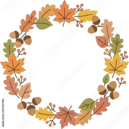 Fall Wreath with Leaves and Acorns in Cute Flat Vector Illustration