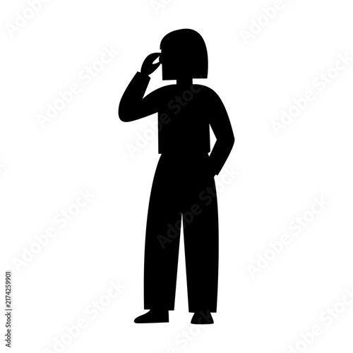 Woman silhouette standing and holding phone near ear black vector shape