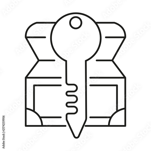 Door key in front of open wooden treasure chest black vector line icon