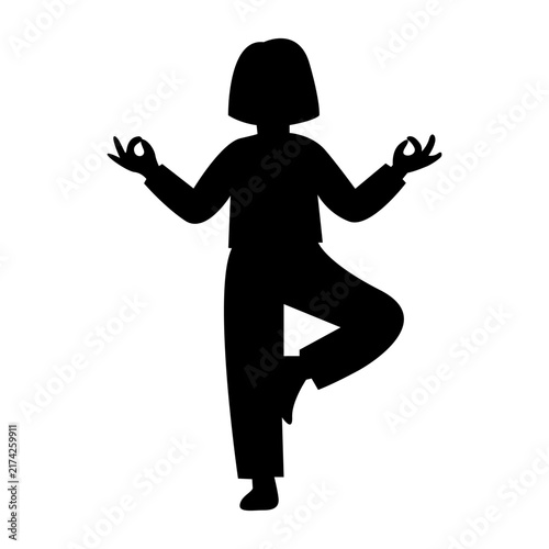 Woman silhouette standing in tree yoga pose balance black vector icon