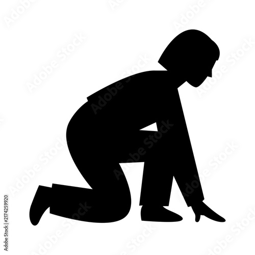 Woman silhouette crouching in low start run pose black vector icon