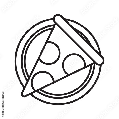 Pizza slice with cheese on plate food black vector line icon