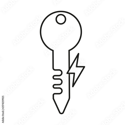 Door key with lightning bolt flash black vector line icon
